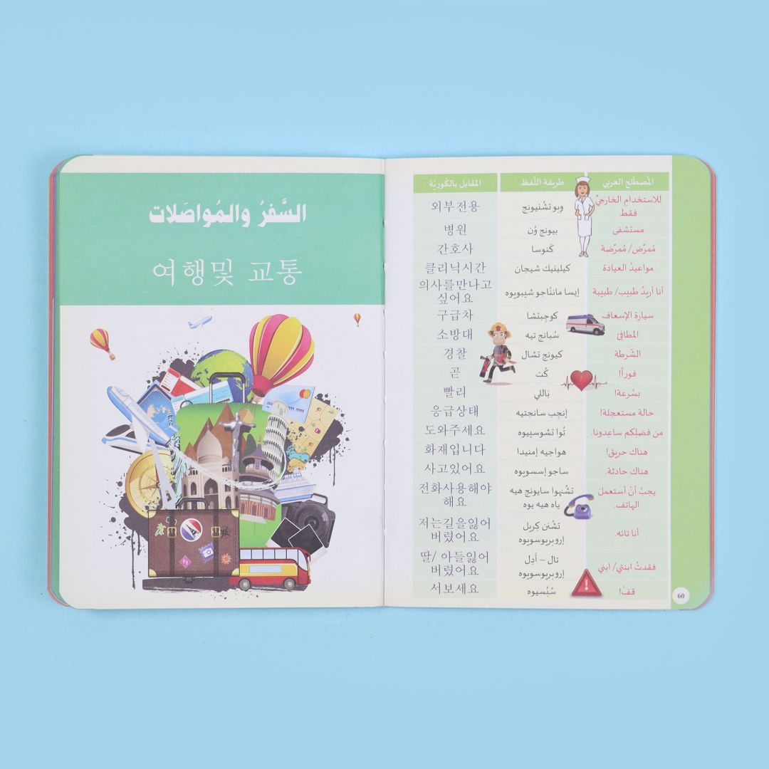 صفحات من كتاب تعلّم كيف تتكلّم الكورية للمبتدئين لتعلّم المفردات والنطق والقواعد الأساسية والمحادثات اليومية.