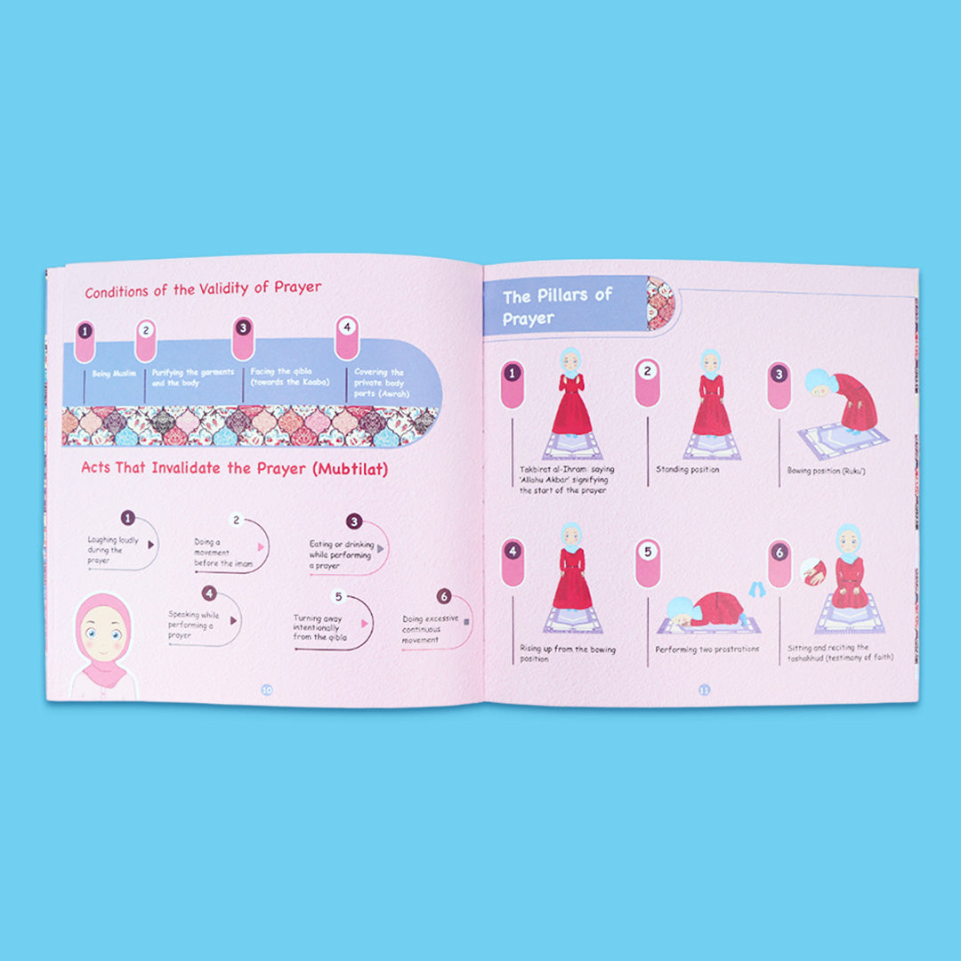 Inside pages for Islamic book for girls teaching wudu and prayer step by step in english 